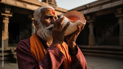 Gray Haired Man in Traditional Indian Outfit Blowing Conch Shell at Temple with Stone Pillars and Orange Sash in India