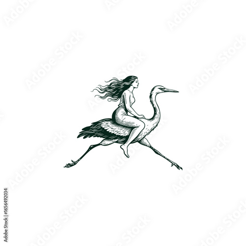 Engraving style logo illustration of a woman riding a running ostrich