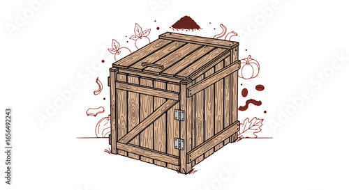 Compost bin a wooden container with garden waste leaves coffee and pumpkins illustrating organic recycling and sustainable practices for eco-friendly gardeners.