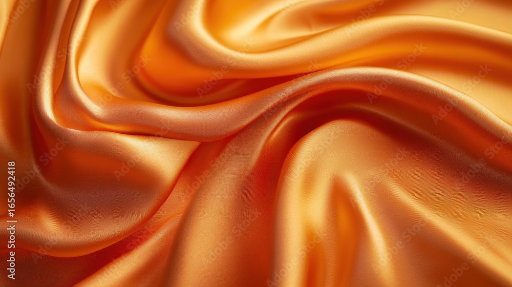 Fototapeta premium Smooth, shiny orange silk fabric with elegant folds and a luxurious texture reflecting soft light.