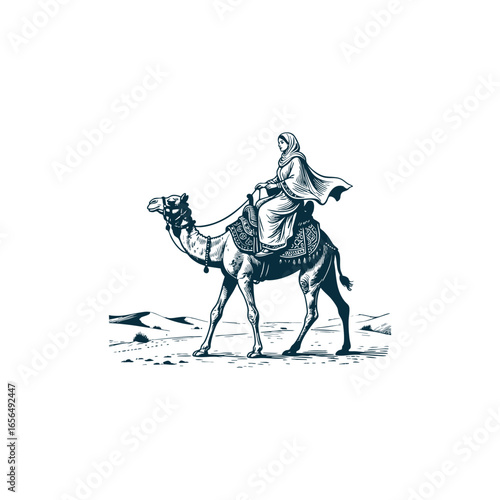 engraving style illustration of an Arab woman in traditional dress riding a decorated camel across the desert