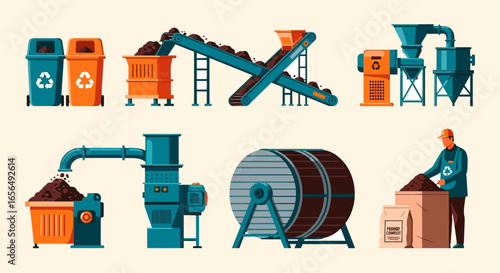 compost work recycling sorting and processing organic waste using industrial equipment in a plant representing environmental sustainability and eco-friendly industry.
