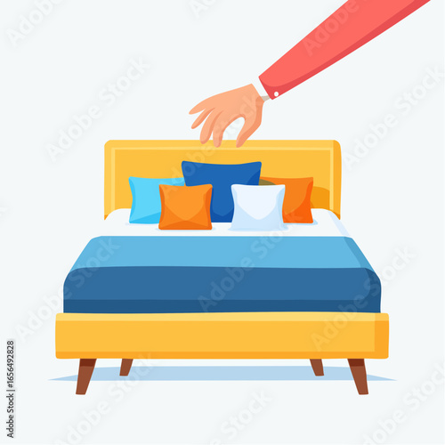 Hand Placing Pillow On Colorful Modern Bed