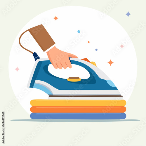 Hand Ironing Colorful Clothes Stack