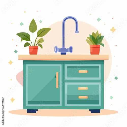 Modern Kitchen Counter With Faucet And Plants