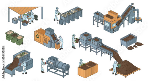 compost work process workers sorting organic waste materials using recycling machinery to produce fertilizer in a waste management plant highlighting sustainability