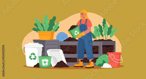composting woman holding compost in a garden setting for sustainable living emphasizing environmental responsibility and organic waste reduction ideal for eco-conscious content.