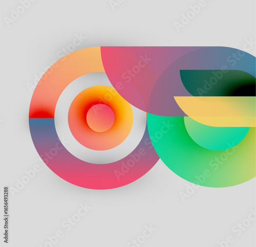 Abstract colorful design. Overlapping circles create dynamic visual effect. Gradient hues blend smoothly, offering modern aesthetic.