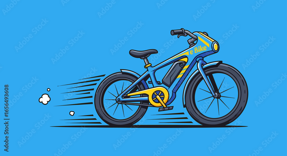 Fototapeta premium Speedy e-bike zipping along a blue electric bicycle for eco-friendly urban transportation highlighting sustainable mobility and modern design for environmental awareness campaigns.