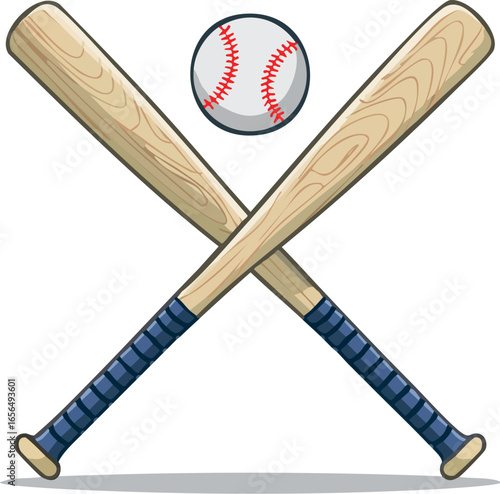 Two crossed wooden baseball bats with ball, vector isolated on white