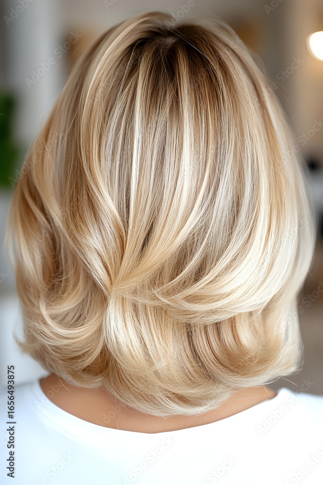 Fototapeta premium Blonde layered bob hairstyle with highlights and lowlights shown from back view, demonstrating professional hair coloring technique and modern cut styling.