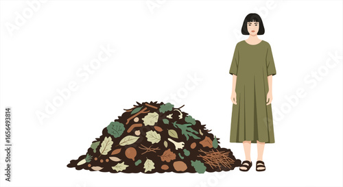 Woman beside compost pile managing garden waste recycling biodegradable materials for sustainable gardening an illustration for green living