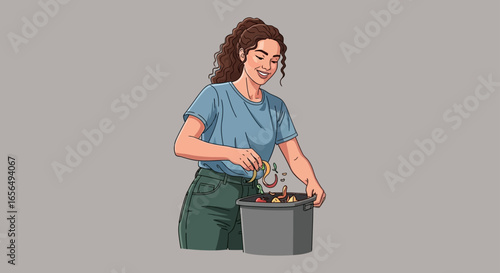 Woman composting food scraps indoors reducing waste and promoting sustainable living contributing to environmental awareness and a greener lifestyle