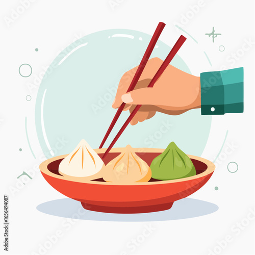 Hand Using Chopsticks To Eat Colorful Dim Sum