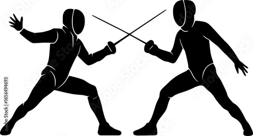 Flat silhouette of fencing athletes with swords in black line style, minimalist vector design representing sport, fencing, competition, training, and athletic activity