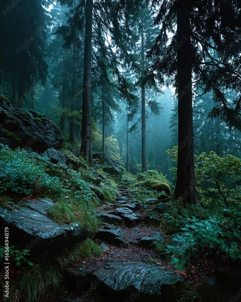 Fototapeta premium Spooky walk through foggy dark forest with tall trees
