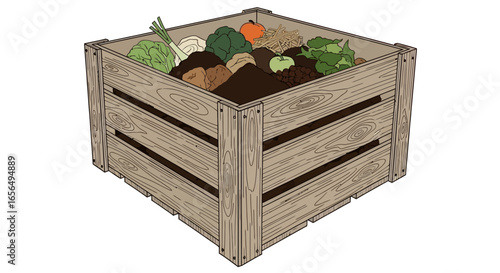 Wooden compost bin overflowing with organic waste including fruit vegetables and yard clippings a sustainable solution for home gardening and reducing waste.