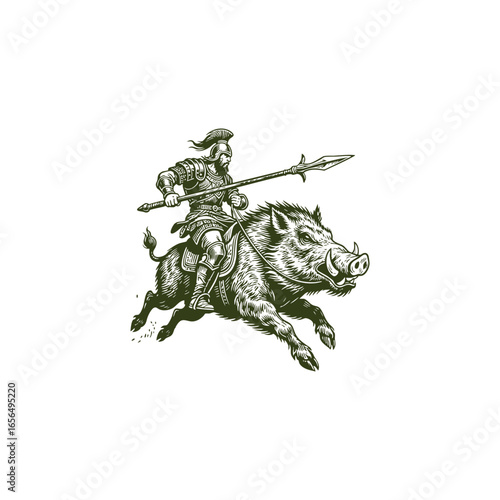 Spartan warrior riding running wild boar engraving design vector illustration