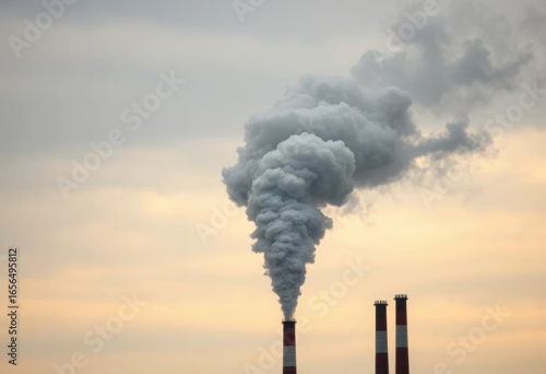 Dark plume of industrial smoke billows against a grey, overcast sky,  bleak,  atmospheric pollution