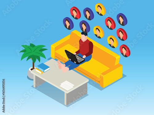 Freelance Remote Work and Online Team Meeting 3d flat vector illustrations