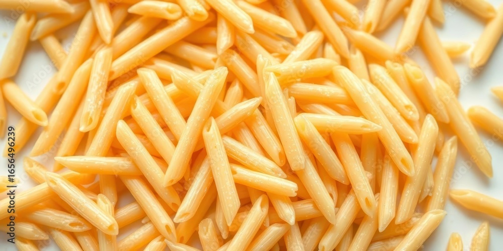 Dry penne rigate pasta, close-up, scattered on white, penne rigate, detail Dry penne rigate pasta, close-up, scattered on white, penne rigate, detail