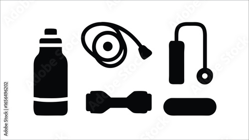 Set of black tools and equipment for washing dishes and washing machine isolated on white background