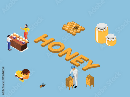 Honey Production and Beekeeping Isometric 3d flat vector illustrations
