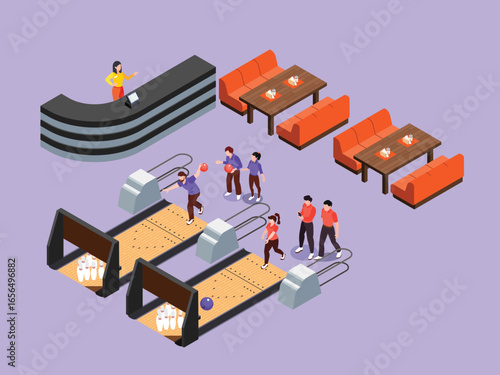 Bowling Alley and Friends Playing 3d flat vector illustrations