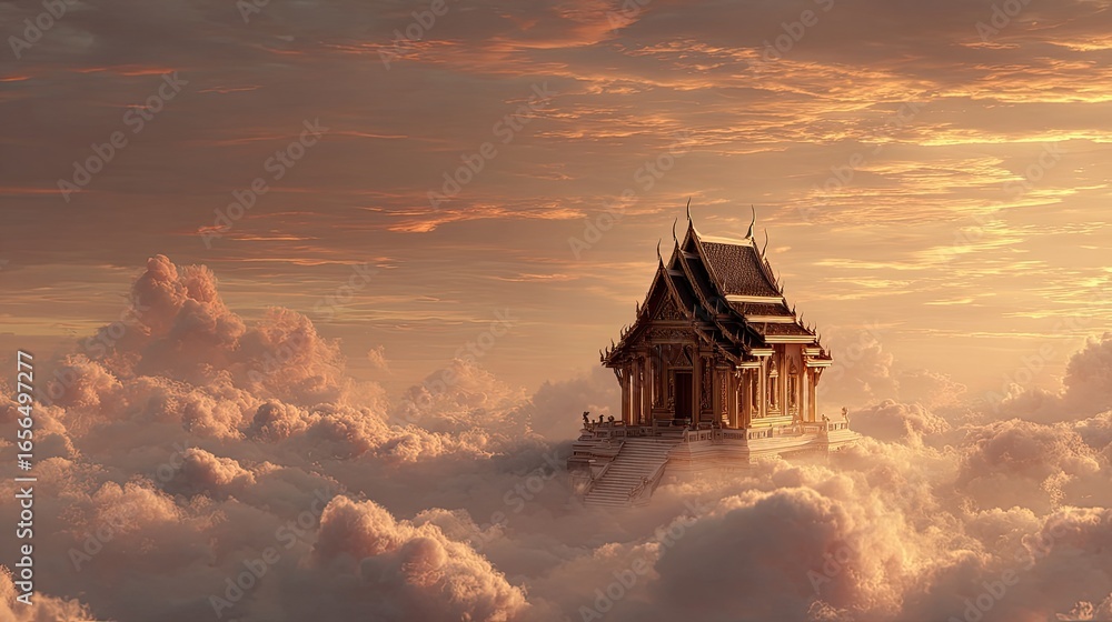 Obraz premium A serene Buddhist temple floating among the clouds at sunrise, glowing softly in golden light, representing transcendence through faith, photorealistic, uncluttered sky