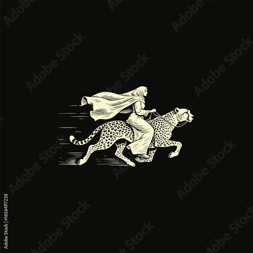 Engraving logo illustration of a veiled woman riding a powerful cheetah
