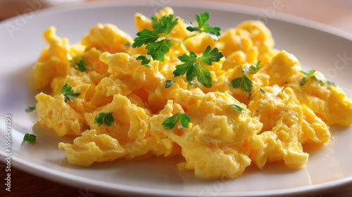 Golden Scrambled Egg with Fresh Herb: A macro shot of perfectly cooked scrambled eggs with fluffy textures and vibrant color, artistically adorned with fresh parsley.