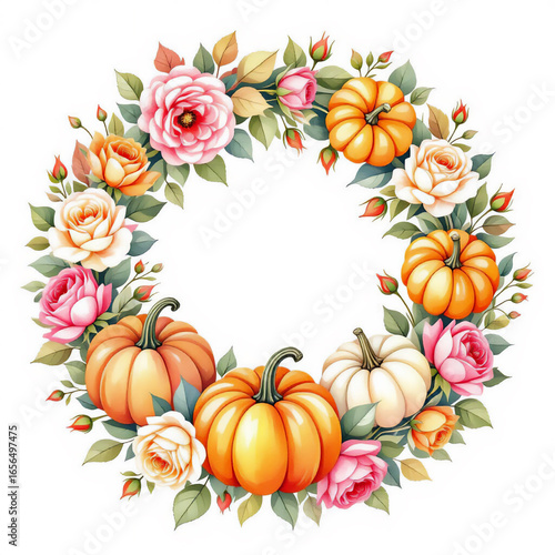 Autumn floral wreath with pumpkins and roses illustration