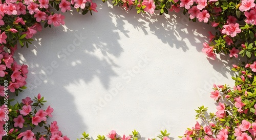 Flores rosadas en cascada sobre una pared blanca texturizada