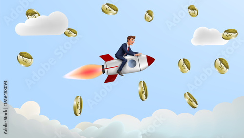 Businessman Flying On A Rocket With Falling Coins