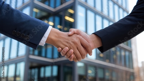 Business partners shaking hands in front of a modern glass office building