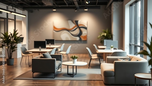 Minimalist coworking space with abstract art and clean modern design, bathed in soft ambient light.