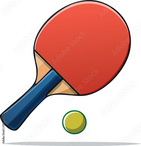 Table tennis paddle and ball, red racket with blue handle, vector isolated on white