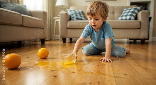 Young child cleaning orange juice spill on wooden floor indoors  