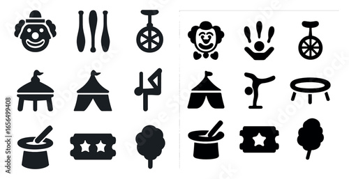 Circus and carnival solid icons set – filled, playful, amusement theme symbols