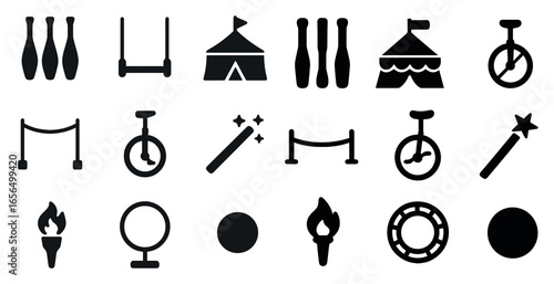 Circus and performance solid icons set – filled, entertainment and festival symbols