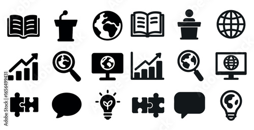 Education and growth solid icons set – learning, global, knowledge symbols