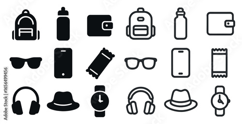 Travel and lifestyle silhouette icons set – solid, vacation, leisure symbols