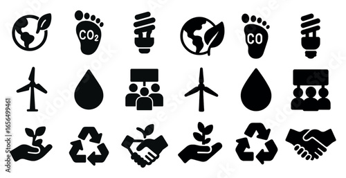 Environmental awareness icons set in solid style – recycling, sustainability, eco symbols