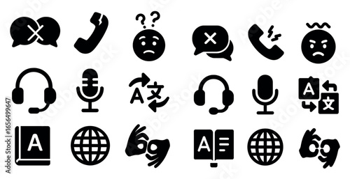 Language and communication solid icons set – filled, translated, dialogue symbols