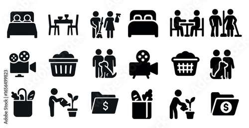 Household and chores silhouette icons set – solid, filled, cleaning and home symbols
