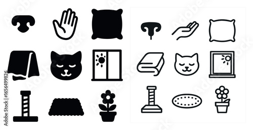 Pet care solid icons set – filled, flat, animal welfare symbols