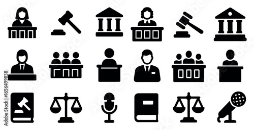 Courtroom and justice icons set – solid, filled, law and legal symbols