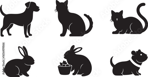 Collection of cat rabbit and dog silhouettes isolated on white background