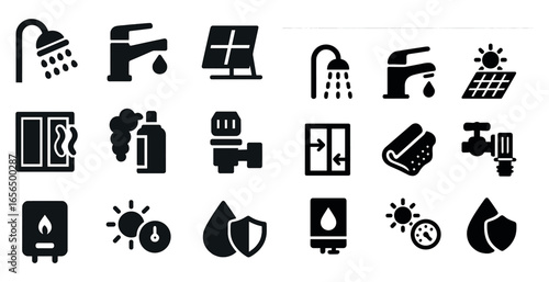 Home utilities solid icons set – flat, filled, water and energy efficiency designs
