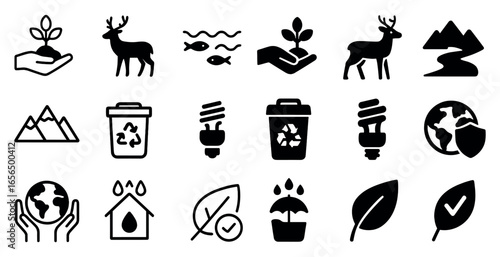 Nature and environment solid icons set – silhouette, eco, sustainability symbols